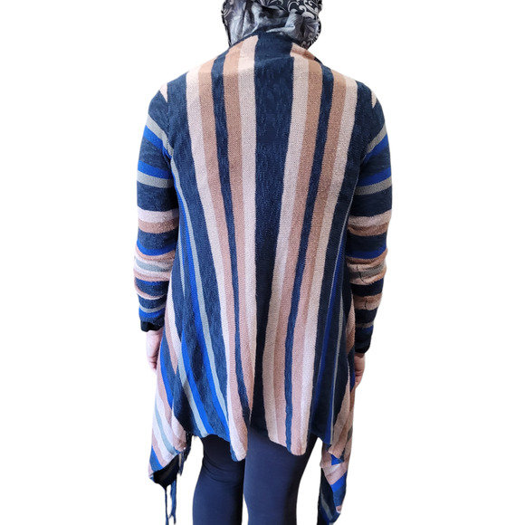 Say What Striped Fringe Boho Knit Cardigan Large Indie Duster Cozy Layer Shabby - Picture 5 of 9